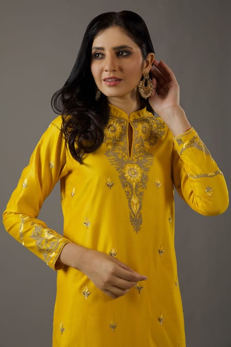 Shop Balance By Rohit Bal Yellow Chanderi Silk, Cotton, Chiffon Embroidery Mandarin Collar Hand Kurta Set Online at Aza Fashions Shop_Balance By Rohit Bal_Yellow Chanderi Silk, Cotton, Chiffon Embroidery Mandarin Collar Hand Kurta Set _Online_at_Aza_Fashions