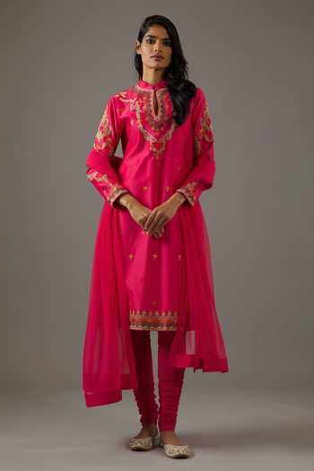 Buy Balance By Rohit Bal Fuchsia Chanderi Silk, Cotton, Chiffon Embroidery Mandarin Straight Kurta Set at Aza Fashions Buy_Balance By Rohit Bal_Fuchsia Chanderi Silk, Cotton, Chiffon Embroidery Mandarin Straight Kurta Set _at_Aza_Fashions