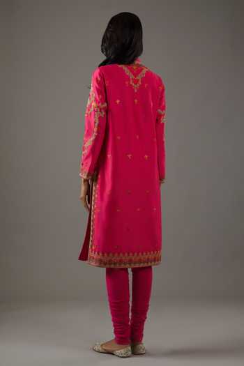 Shop Balance By Rohit Bal Fuchsia Chanderi Silk, Cotton, Chiffon Embroidery Mandarin Straight Kurta Set at Aza Fashions Shop_Balance By Rohit Bal_Fuchsia Chanderi Silk, Cotton, Chiffon Embroidery Mandarin Straight Kurta Set _at_Aza_Fashions