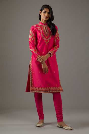 Balance By Rohit Bal Fuchsia Chanderi Silk, Cotton, Chiffon Embroidery Mandarin Straight Kurta Set Online at Aza Fashions Balance By Rohit Bal_Fuchsia Chanderi Silk, Cotton, Chiffon Embroidery Mandarin Straight Kurta Set _Online_at_Aza_Fashions