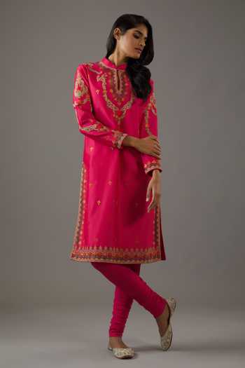 Buy Balance By Rohit Bal Fuchsia Chanderi Silk, Cotton, Chiffon Embroidery Mandarin Straight Kurta Set Online at Aza Fashions Buy_Balance By Rohit Bal_Fuchsia Chanderi Silk, Cotton, Chiffon Embroidery Mandarin Straight Kurta Set _Online_at_Aza_Fashions