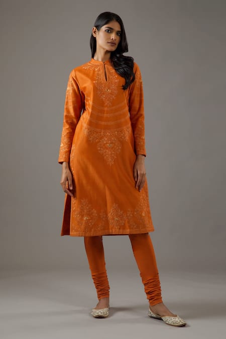 Buy Balance By Rohit Bal Orange Silk, Cotton, Embroidery Mandarin Tonal Kurta Set Online at Aza Fashions Buy_Balance By Rohit Bal_Orange Silk, Cotton, Embroidery Mandarin Tonal Kurta Set _Online_at_Aza_Fashions