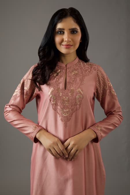 Shop Balance By Rohit Bal Pink Chanderi Silk, Cotton Embroidery Mandarin Collar Hand Straight Kurta Set Online at Aza Fashions Shop_Balance By Rohit Bal_Pink Chanderi Silk, Cotton Embroidery Mandarin Collar Hand Straight Kurta Set _Online_at_Aza_Fashions