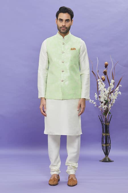 Arihant Rai Sinha_Green Jacquard, Silk Embroidery Floral Pattern Bundi _Online_at_Aza_Fashions