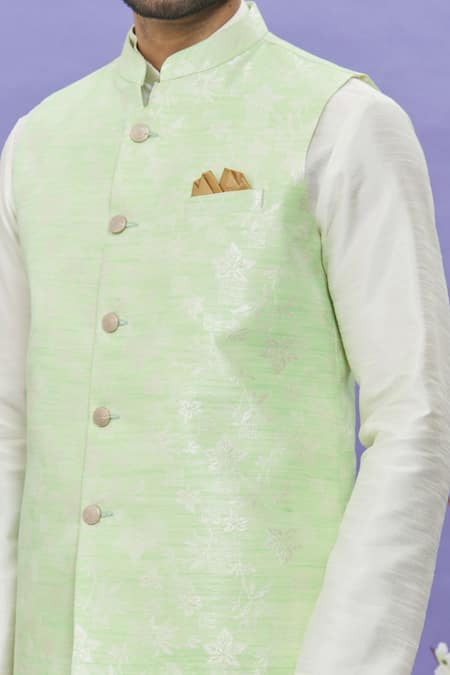 Buy_Arihant Rai Sinha_Green Jacquard, Silk Embroidery Floral Pattern Bundi _Online_at_Aza_Fashions