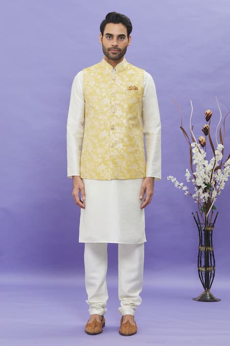 Arihant Rai Sinha_Yellow Silk, Jacquard Embroidery Floral Banarasi Bundi _Online_at_Aza_Fashions