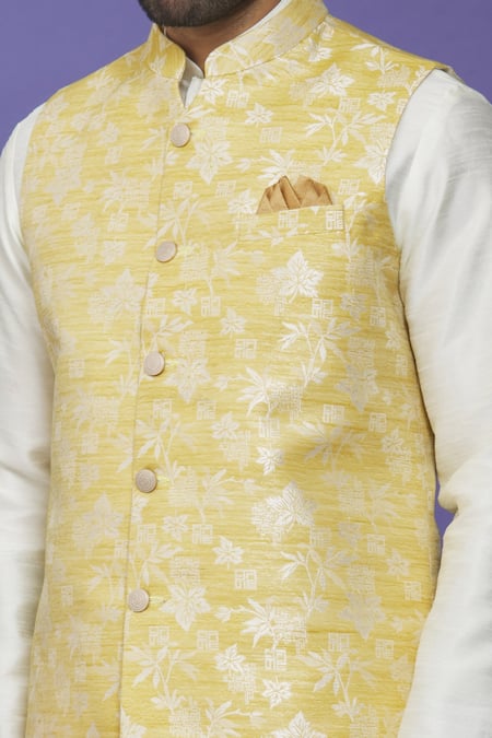 Buy_Arihant Rai Sinha_Yellow Silk, Jacquard Embroidery Floral Banarasi Bundi _Online_at_Aza_Fashions