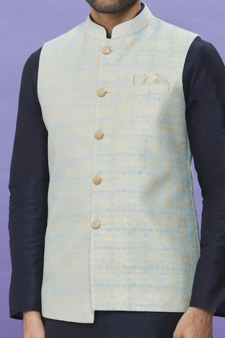Buy_Arihant Rai Sinha_Blue Silk, Jacquard Embroidery Geometric Floral Bundi _Online_at_Aza_Fashions