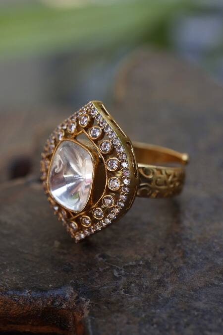 Shop Paisley Pop Gold Plated Polki And Cubic Zirconia & Ring at Aza Fashions Shop_Paisley Pop_Gold Plated Polki And Cubic Zirconia & Ring _at_Aza_Fashions