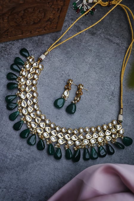 Shop Paisley Pop Gold Plated Diamonds, Beads Kundan Embellished Necklace Jewellery Set at Aza Fashions Shop_Paisley Pop_Gold Plated Diamonds, Beads Kundan Embellished Necklace Jewellery Set _at_Aza_Fashions