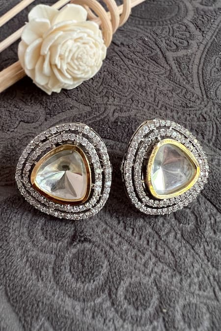Shop Ishhaara Silver Plated Diamonds, Stones Embellished Stud Earrings at Aza Fashions Shop_Ishhaara_Silver Plated Diamonds, Stones Embellished Stud Earrings _at_Aza_Fashions