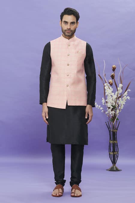 Arihant Rai Sinha_Pink Jacquard, Silk Embroidery Geometric Floral Pattern Bundi _Online_at_Aza_Fashions