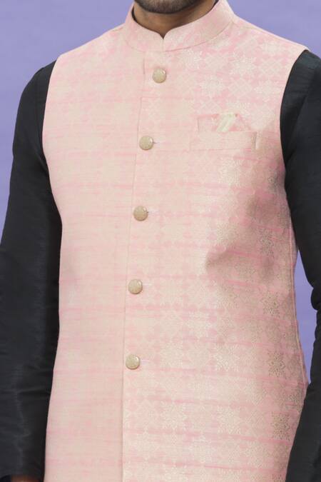 Buy_Arihant Rai Sinha_Pink Jacquard, Silk Embroidery Geometric Floral Pattern Bundi _Online_at_Aza_Fashions