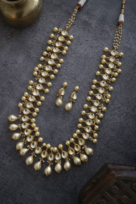 Shop Paisley Pop Gold Plated Pearl Long Kundan Necklace Set at Aza Fashions Shop_Paisley Pop_Gold Plated Pearl Long Kundan Necklace Set_at_Aza_Fashions