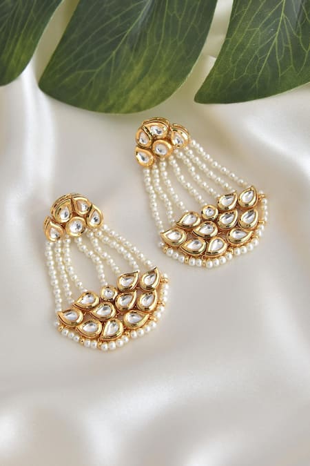 Shop Swabhimann Gold Plated Pearls, Piping Embellished Earrings at Aza Fashions Shop_Swabhimann_Gold Plated Pearls, Piping Embellished Earrings _at_Aza_Fashions