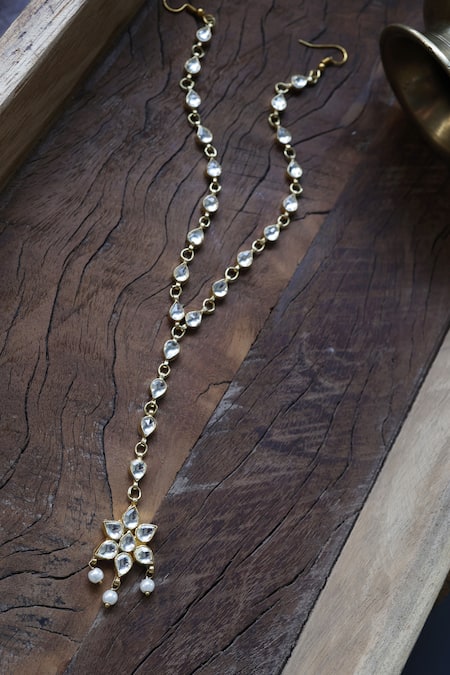 Shop Paisley Pop Gold Plated Kundan Pearl Mathapatti at Aza Fashions Shop_Paisley Pop_Gold Plated Kundan Pearl Mathapatti _at_Aza_Fashions