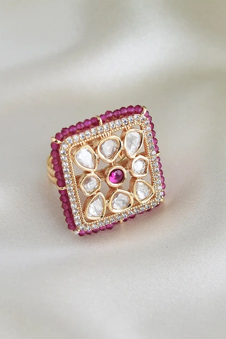 Shop Swabhimann Gold Plated Piping, Stones Handcrafted Kundan Polki Square Ring at Aza Fashions Shop_Swabhimann_Gold Plated Piping, Stones Handcrafted Kundan Polki Square Ring _at_Aza_Fashions