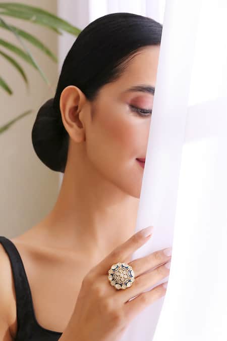 Swabhimann_Blue Diamonds, Stones Floral Kundan Polki Ring _Online_at_Aza_Fashions