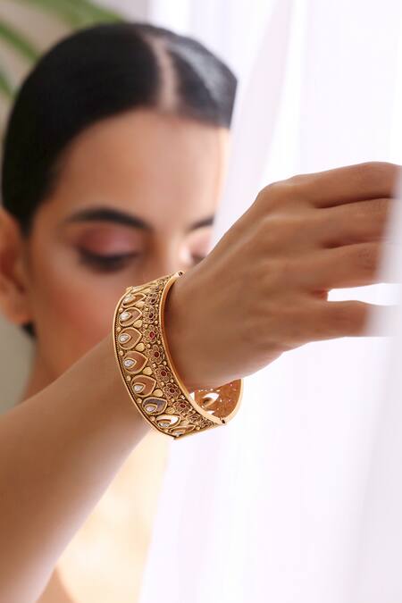 Swabhimann_Gold Plated Kundan, Polkis Handmade Kada_Online_at_Aza_Fashions