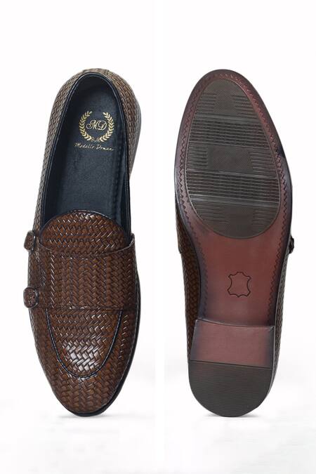 Shop_Domani_Brown Leather Woven Monk Shoes _at_Aza_Fashions
