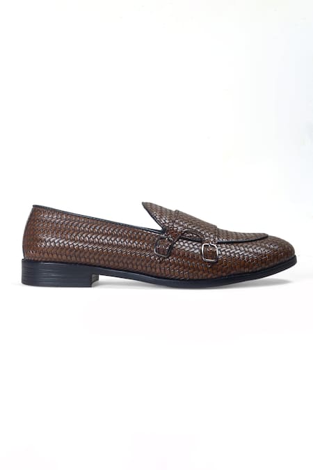 Domani_Brown Leather Woven Monk Shoes _Online_at_Aza_Fashions