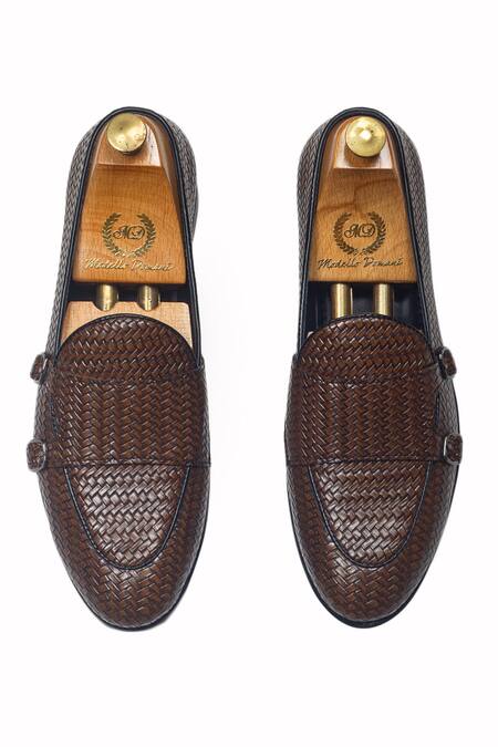 Buy_Domani_Brown Leather Woven Monk Shoes _Online_at_Aza_Fashions