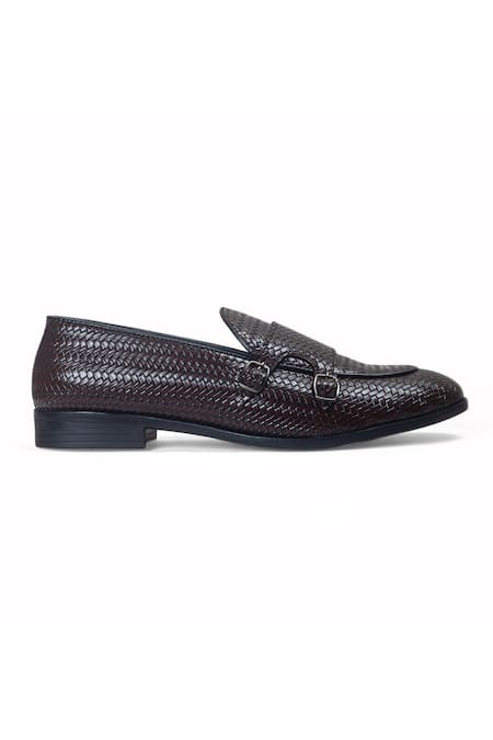 Domani_Brown Leather Handcrafted Woven Monk Shoes _Online_at_Aza_Fashions