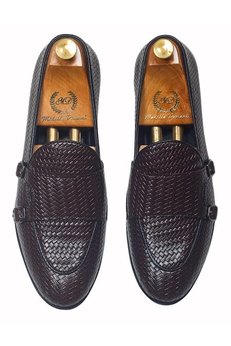 Buy_Domani_Brown Leather Handcrafted Woven Monk Shoes _Online_at_Aza_Fashions