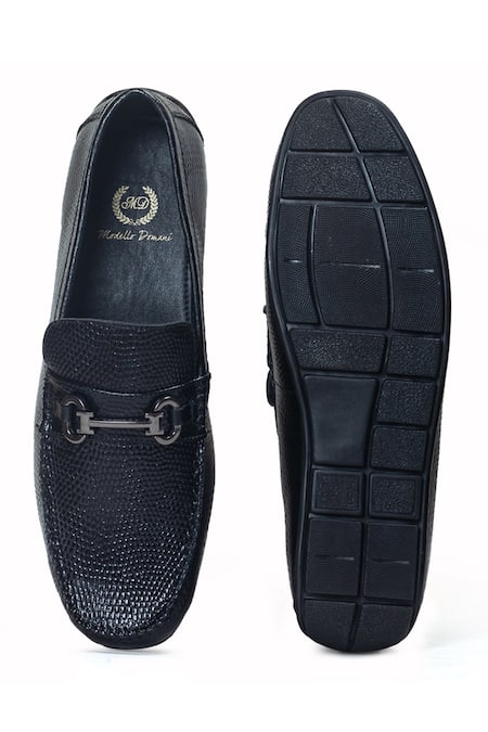Shop Domani Black Grained Leather Buckle Slip-ons at Aza Fashions Shop_Domani_Black Grained Leather Buckle Slip-ons _at_Aza_Fashions