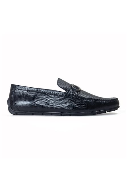 Domani Black Grained Leather Buckle Slip-ons Online at Aza Fashions Domani_Black Grained Leather Buckle Slip-ons _Online_at_Aza_Fashions