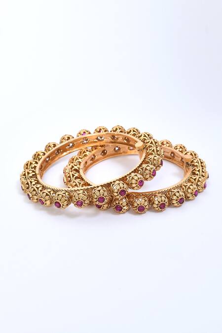 Saga Jewels_Multi Color Stones Flower Carved Temple Bangle - Set Of 2_Online_at_Aza_Fashions