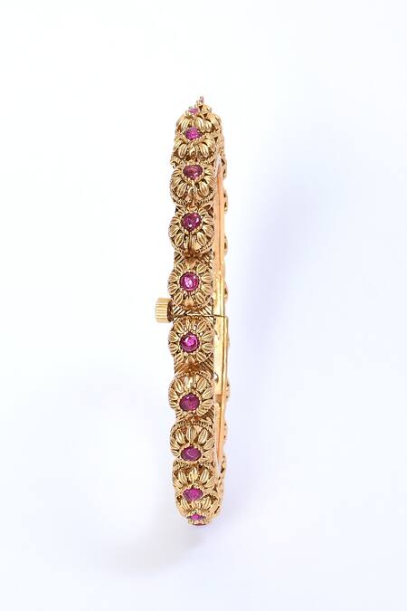 Buy_Saga Jewels_Multi Color Stones Flower Carved Temple Bangle - Set Of 2_Online_at_Aza_Fashions