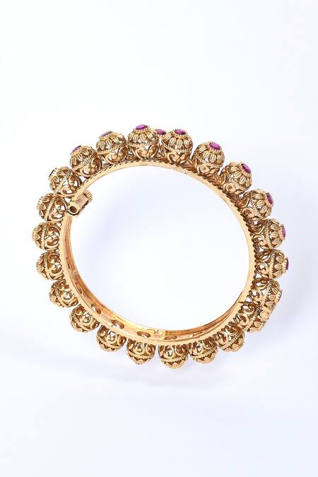 Shop_Saga Jewels_Multi Color Stones Flower Carved Temple Bangle - Set Of 2_Online_at_Aza_Fashions