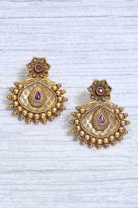 Shop_Saga Jewels_Multi Color Stones Ruby Embellished Temple Earrings_at_Aza_Fashions