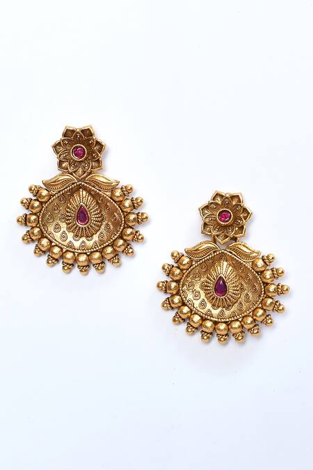 Saga Jewels_Multi Color Stones Ruby Embellished Temple Earrings_Online_at_Aza_Fashions