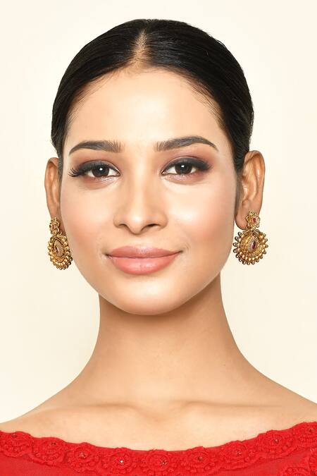 Shop_Saga Jewels_Multi Color Stones Ruby Embellished Temple Earrings_Online_at_Aza_Fashions