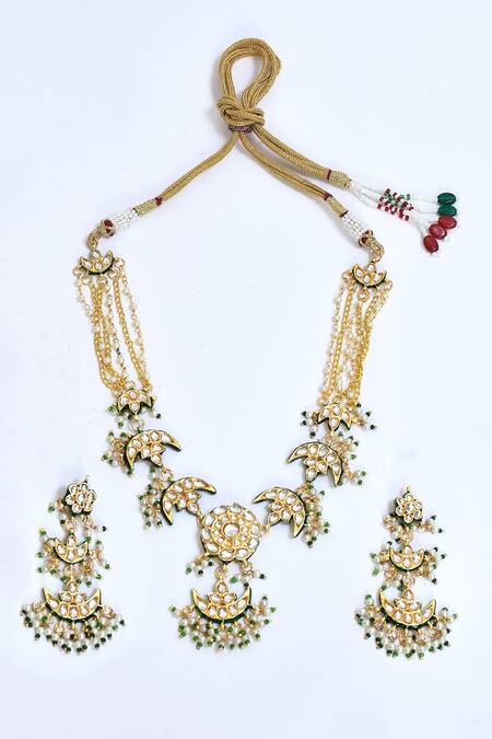 Buy_Saga Jewels_Silver Plated Stones, Beads Moon Shaped Embellished Pendant Necklace Set_Online_at_Aza_Fashions