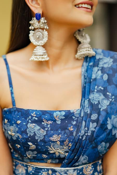 Buy_Pasha India_Blue Organza, Cotton, Rayon Embroidery Pre-draped Ruffle Saree With Blouse _Online_at_Aza_Fashions