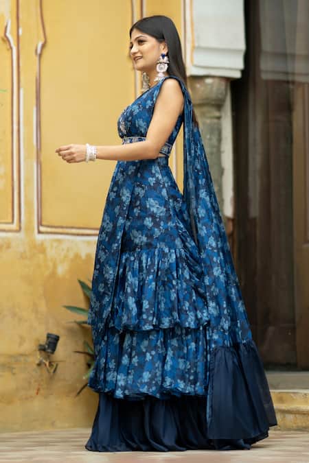 Shop_Pasha India_Blue Organza, Cotton, Rayon Embroidery Pre-draped Ruffle Saree With Blouse _Online_at_Aza_Fashions