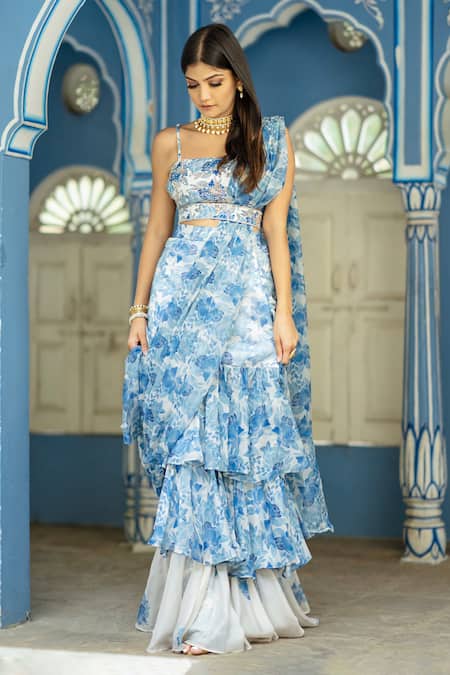 Buy Blue Organza And Cotton Seashell Pre-draped Ruffle Saree With Blouse For  Women by Pasha India Online at Aza Fashions.