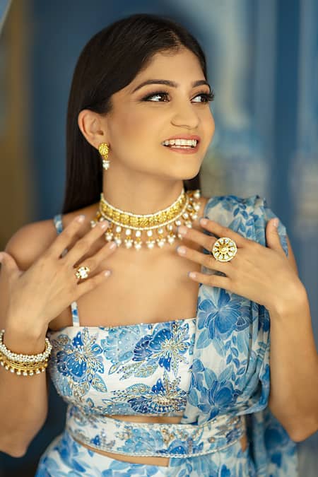 Shop_Pasha India_Blue Organza, Cotton Embroidery Seashell Pre-draped Ruffle Saree With Blouse _Online_at_Aza_Fashions