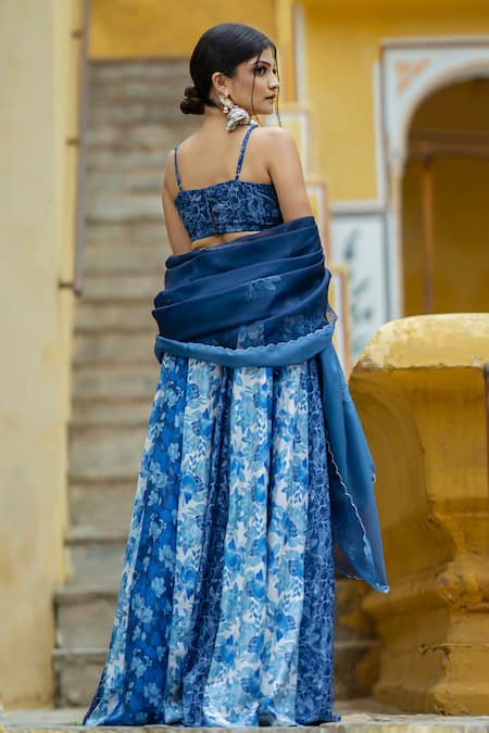 Shop Pasha India Blue Organza, Cotton Embroidery Square Noori Floral Pattern Lehenga Blouse Set at Aza Fashions Shop_Pasha India_Blue Organza, Cotton Embroidery Square Noori Floral Pattern Lehenga Blouse Set _at_Aza_Fashions