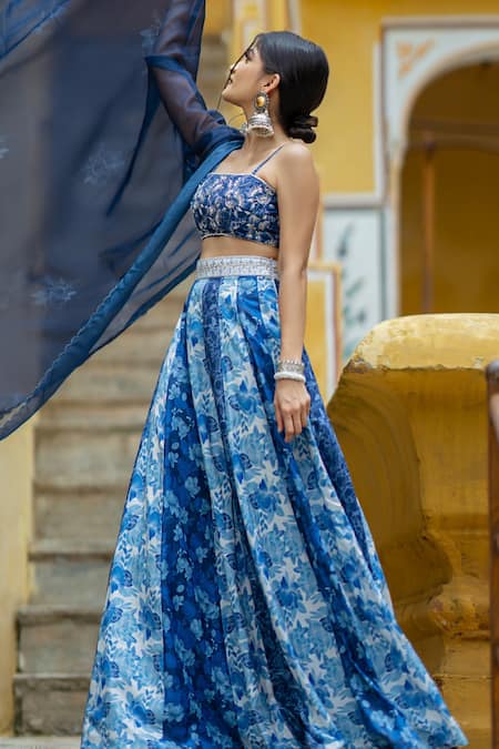 Pasha India Blue Organza, Cotton Embroidery Square Noori Floral Pattern Lehenga Blouse Set at Aza Fashions Pasha India_Blue Organza, Cotton Embroidery Square Noori Floral Pattern Lehenga Blouse Set _at_Aza_Fashions