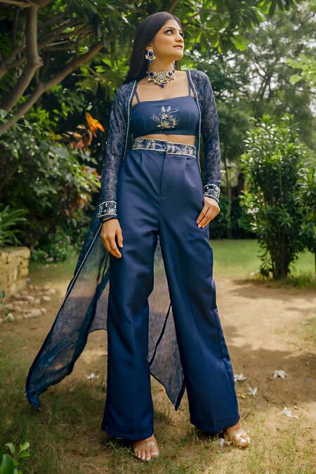 Pasha India_Blue Organza, Cotton Embroidery Square Neck Twilight Floral Cape Pant Set _Online_at_Aza_Fashions