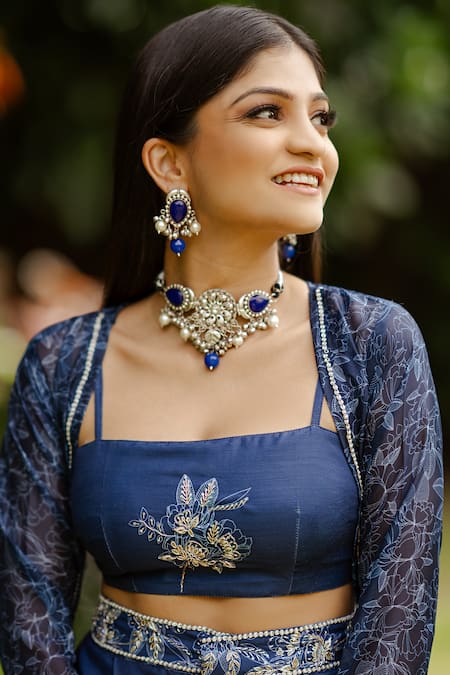 Buy_Pasha India_Blue Organza, Cotton Embroidery Square Neck Twilight Floral Cape Pant Set _Online_at_Aza_Fashions