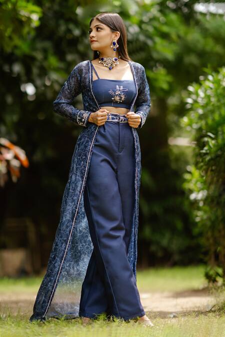 Shop_Pasha India_Blue Organza, Cotton Embroidery Square Neck Twilight Floral Cape Pant Set _Online_at_Aza_Fashions