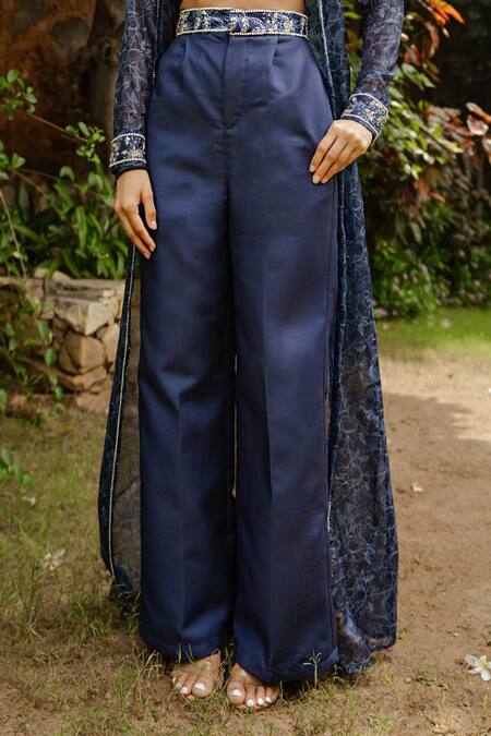 Pasha India_Blue Organza, Cotton Embroidery Square Neck Twilight Floral Cape Pant Set _at_Aza_Fashions