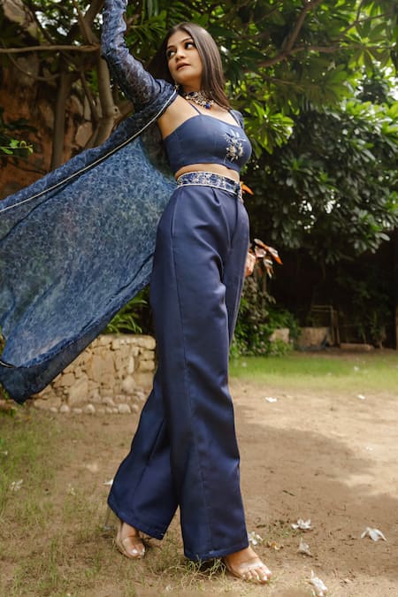 Buy_Pasha India_Blue Organza, Cotton Embroidery Square Neck Twilight Floral Cape Pant Set 