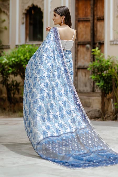 Shop Pasha India Blue Organza, Cotton Embroidery Square Neck Noori Pre-draped Saree With Blouse at Aza Fashions Shop_Pasha India_Blue Organza, Cotton Embroidery Square Neck Noori Pre-draped Saree With Blouse _at_Aza_Fashions