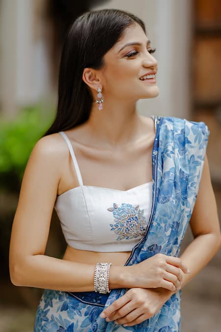 Pasha India Blue Organza, Cotton Embroidery Square Neck Noori Pre-draped Saree With Blouse Online at Aza Fashions Pasha India_Blue Organza, Cotton Embroidery Square Neck Noori Pre-draped Saree With Blouse _Online_at_Aza_Fashions